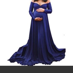 A long blue maternity dress